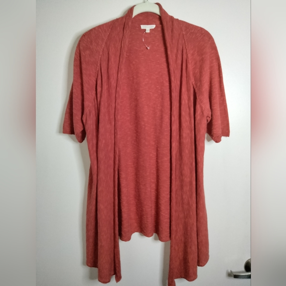 Eileen Fisher (Size XL) Rust Linen Cotton Blend SS Open Drape Front Cardigan